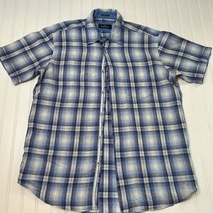 Bugatchi Uomo 100% Linen Shirt Mens Large Blue Plaid Classic Fit Button Up 899